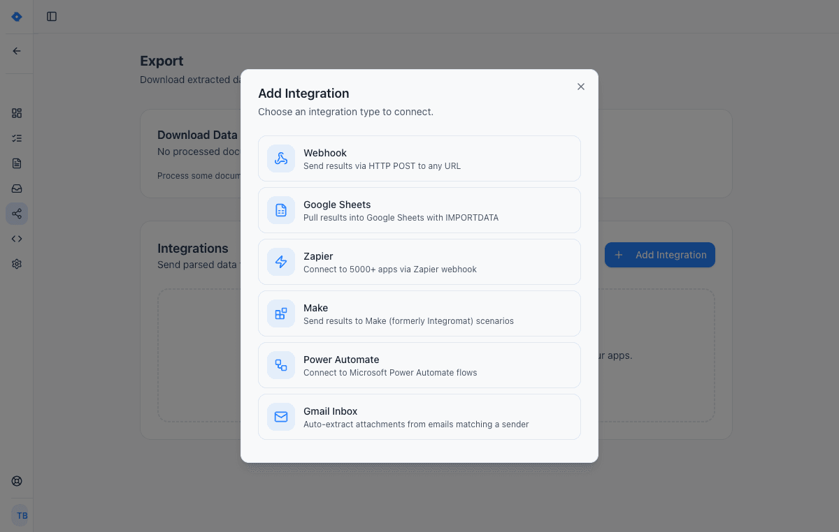 Add Integration dialog showing Webhook, Google Sheets, Zapier, Make, Power Automate, and Gmail Inbox options
