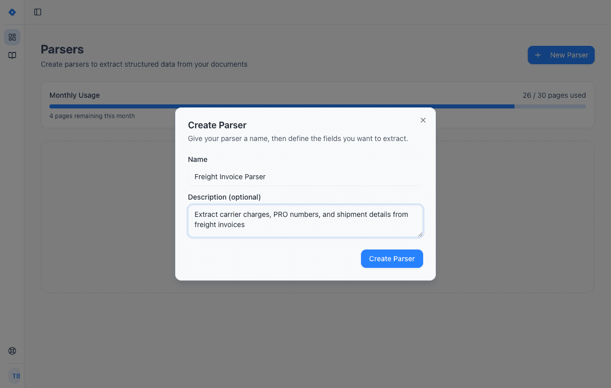 Create Parser dialog with name and description fields