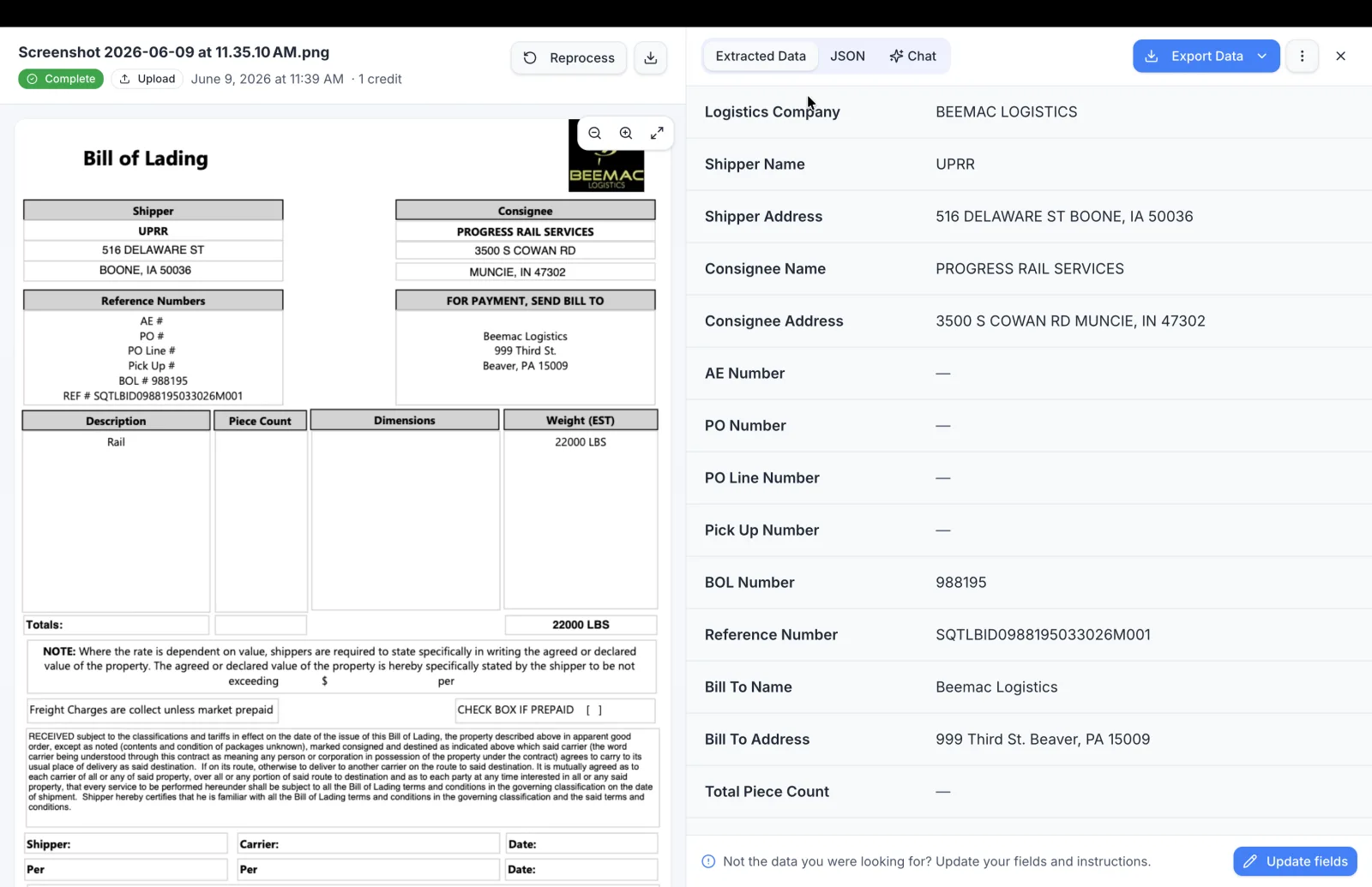 LLM OCR example: a scanned bill of lading with shipper, consignee, and reference fields extracted into structured data in Parsli