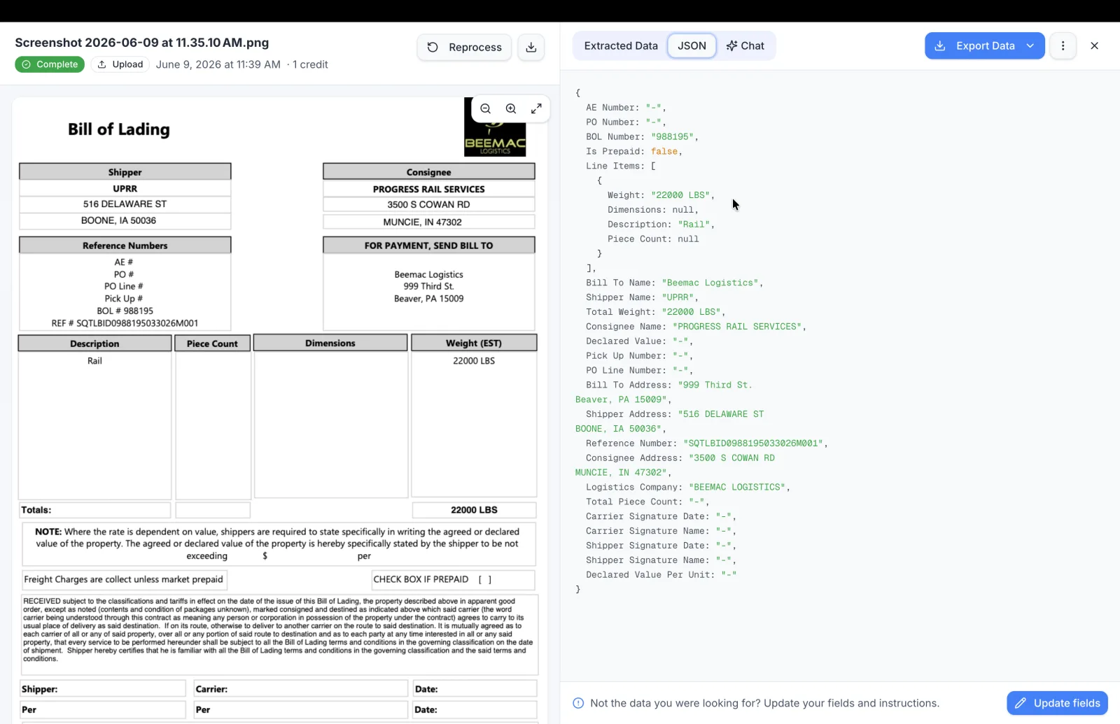 Structured JSON output from LLM document extraction: bill of lading fields as clean key-value pairs in Parsli