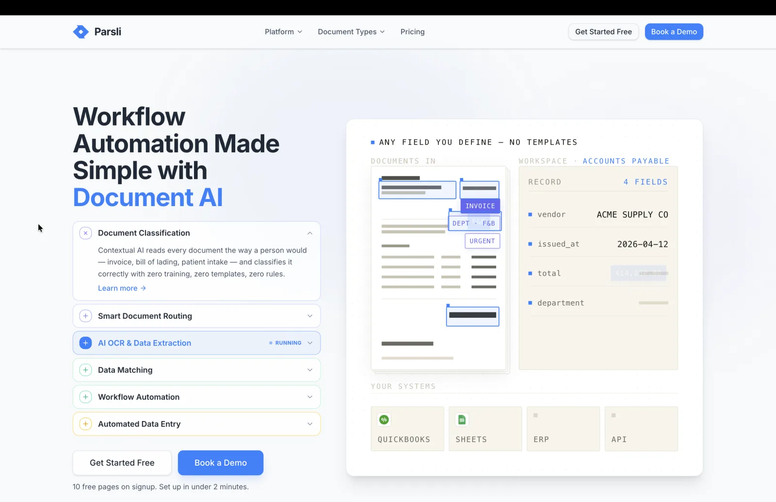 Parsli document AI platform: classification, routing, LLM OCR extraction, data matching, and automated data entry flowing into QuickBooks, Sheets, ERP, and API