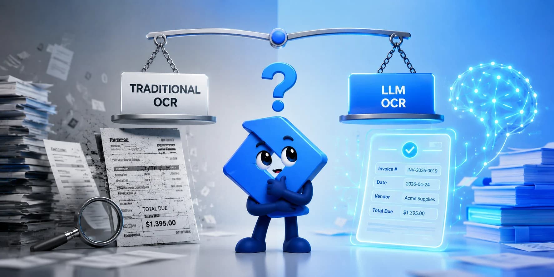 LLM OCR vs traditional OCR: a scale weighing garbled traditional OCR output against clean structured fields extracted by an LLM