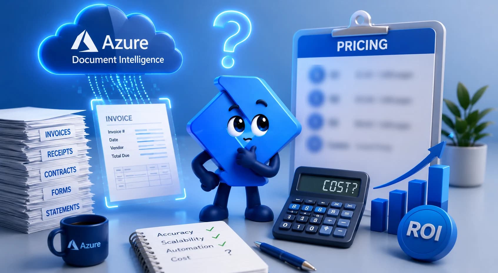 Azure Document Intelligence pricing weighed against document extraction accuracy — invoices, receipts, contracts, forms and statements alongside a cost calculator
