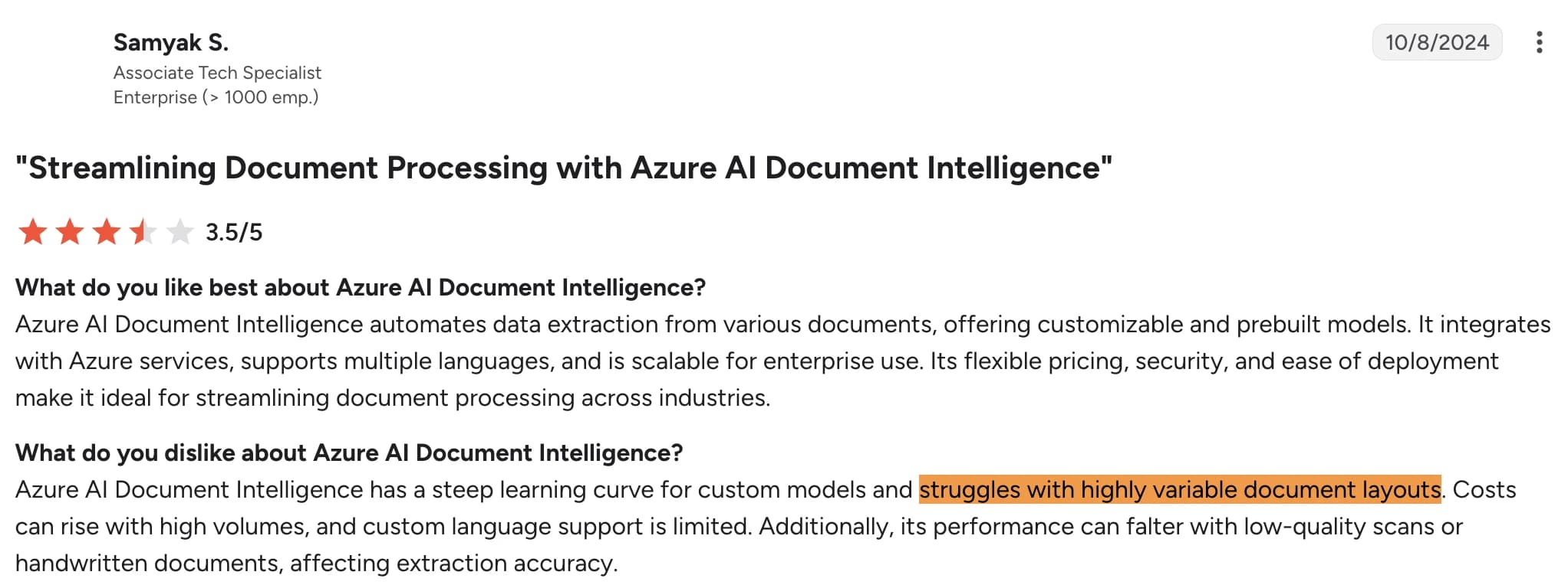 G2 review of Azure AI Document Intelligence rating it 3.5 out of 5, noting a steep learning curve for custom models, struggles with highly variable document layouts, and reduced accuracy on low-quality scans or handwritten documents