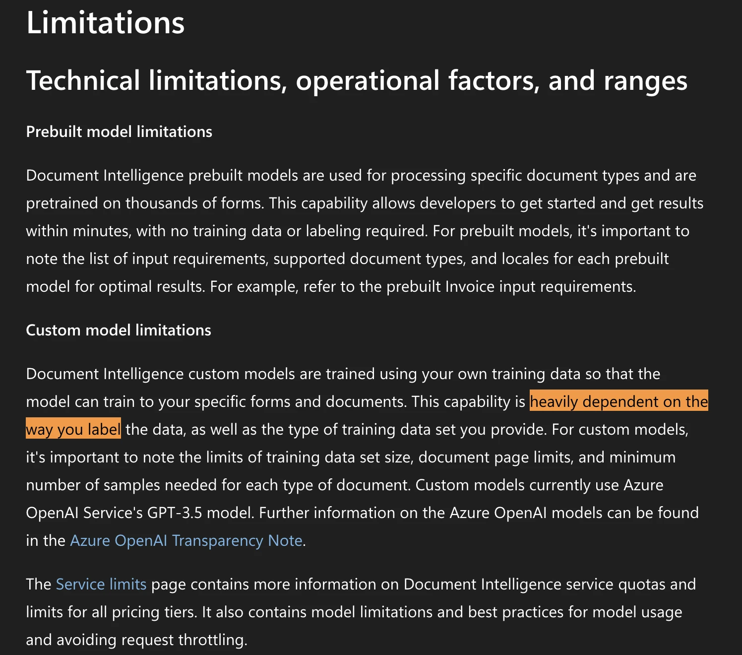 Microsoft's Azure Document Intelligence transparency note stating that custom model quality is heavily dependent on how you label the data and that custom models currently use Azure OpenAI Service's GPT-3.5 model