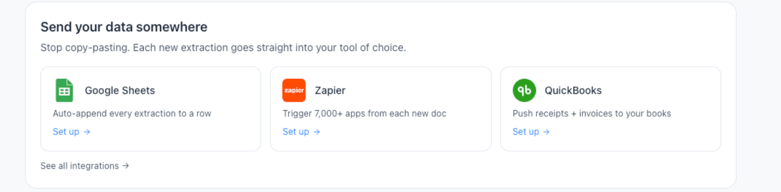 Parsli parser overview showing a 'Send your data somewhere' card with one-click Set up shortcuts to Google Sheets, Zapier, and QuickBooks