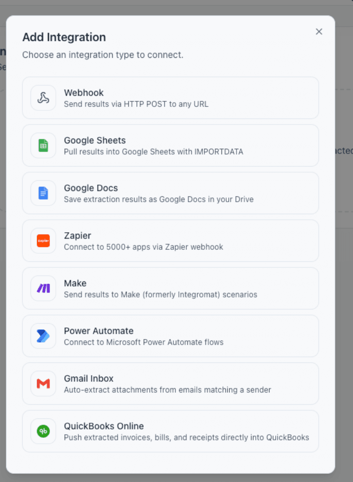 Parsli's Add Integration modal showing QuickBooks Online alongside webhooks, Google Sheets, Zapier, Make, Power Automate, and Gmail