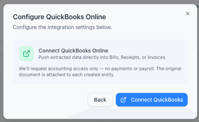 Parsli's pre-OAuth Configure screen prompting the user to connect QuickBooks Online, explaining that accounting access is requested but not payments or payroll