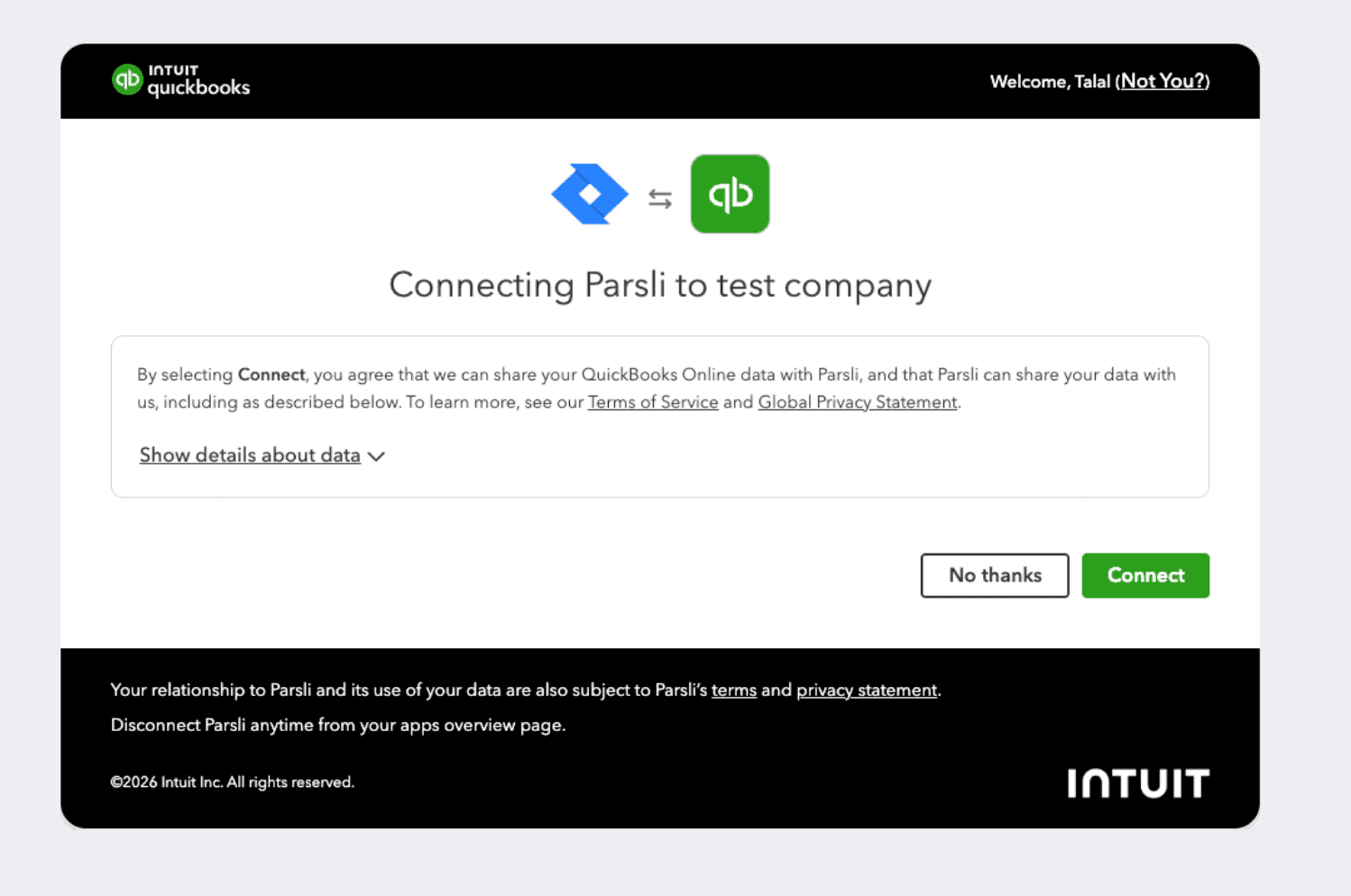 Intuit's QuickBooks OAuth consent screen showing 'Connecting Parsli to test company' with Parsli and QuickBooks logos