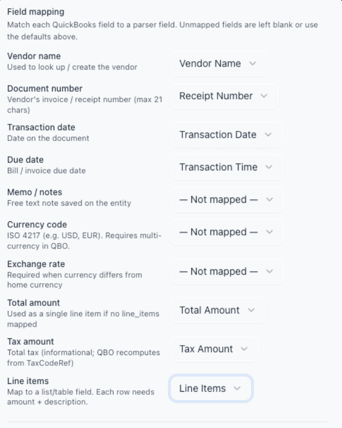 Parsli's field mapping section mapping vendor name, document number, transaction date, due date, total, tax, and line items to QuickBooks fields