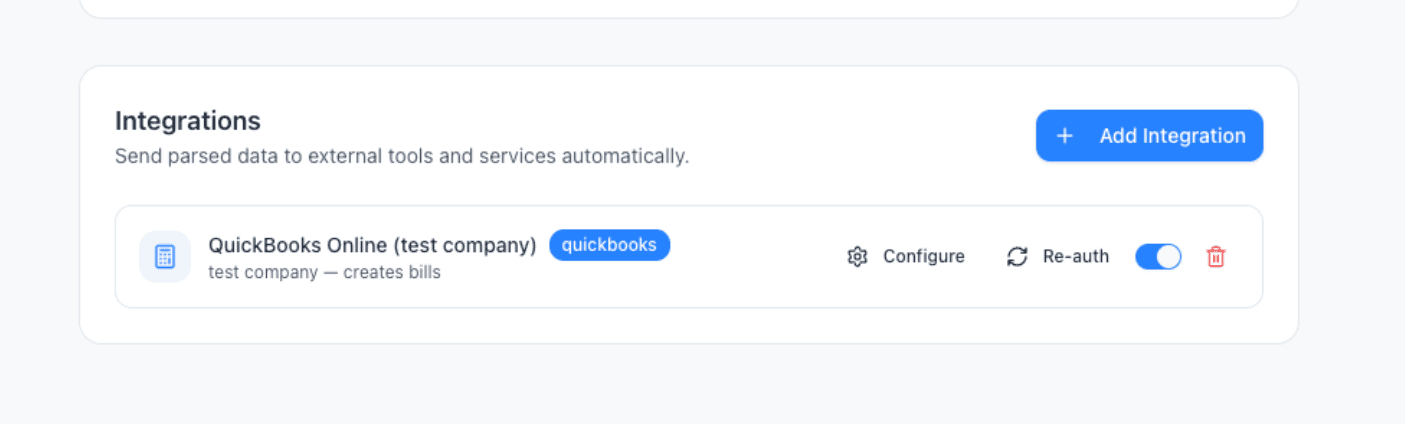 Parsli's Integrations card showing a connected QuickBooks Online (test company) integration with Configure, Re-auth, toggle, and delete controls