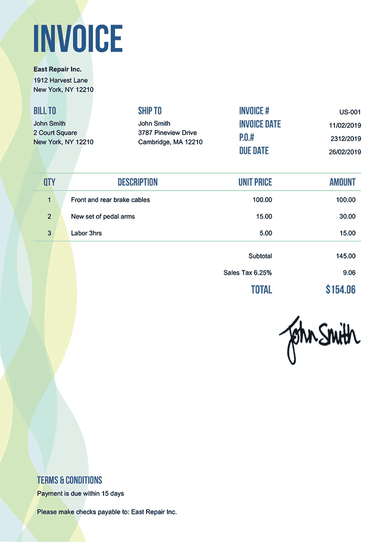 Invoice from East Repair Inc. with line items and totals