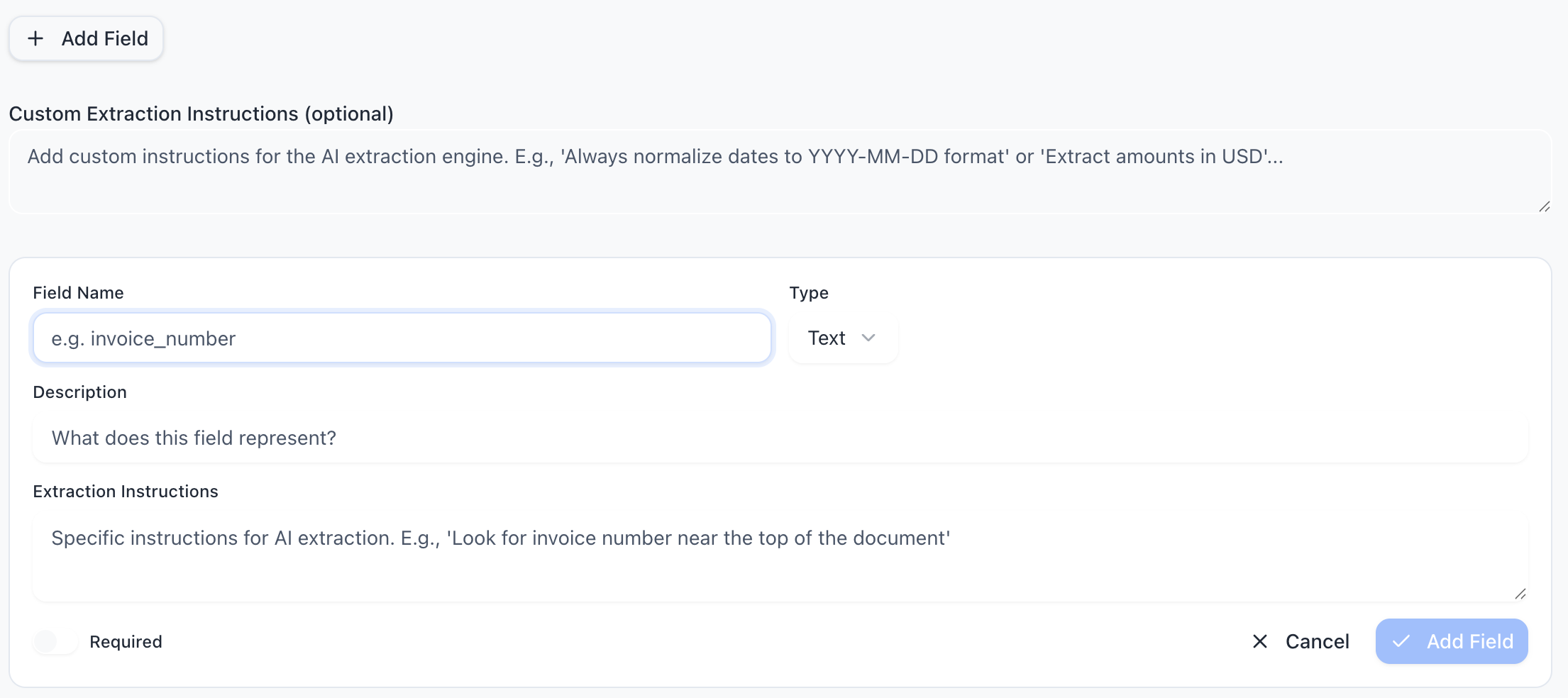 Add Field form showing field name, type selector, description, extraction instructions, and required toggle