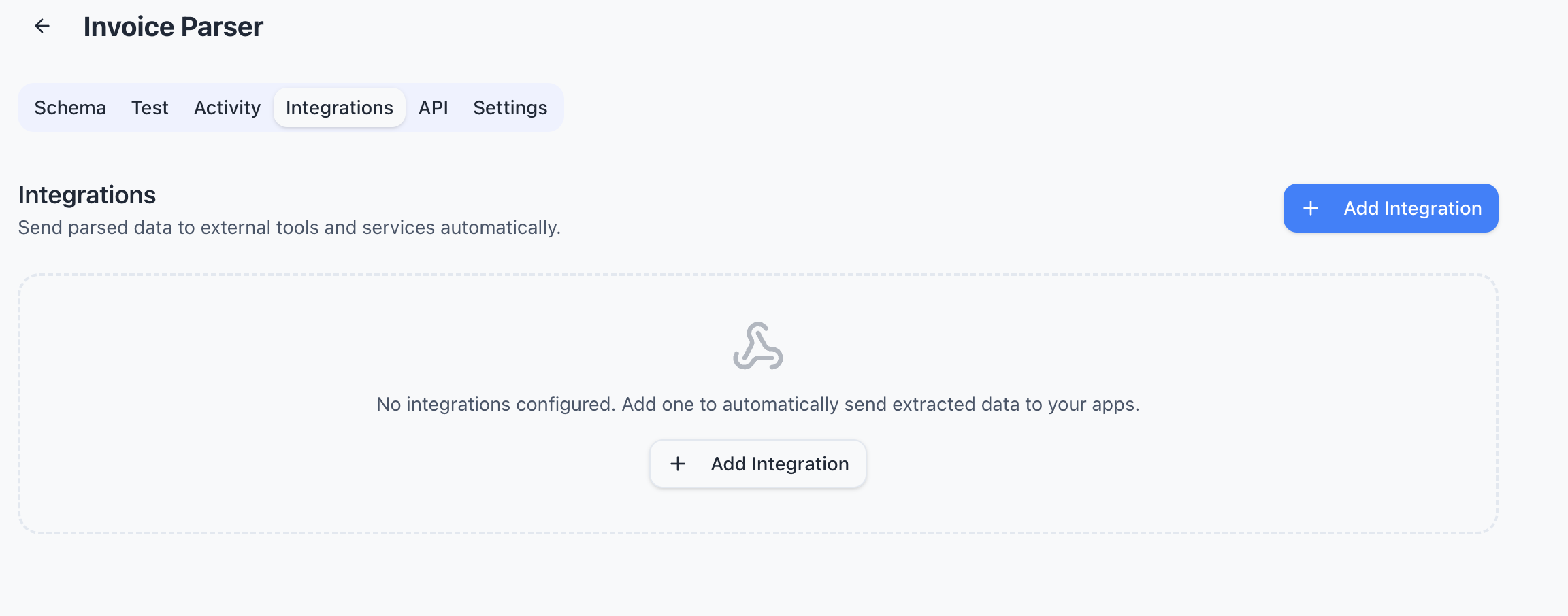 Add Integration dialog showing Webhook, Google Sheets, Zapier, Make, Power Automate, and Gmail options