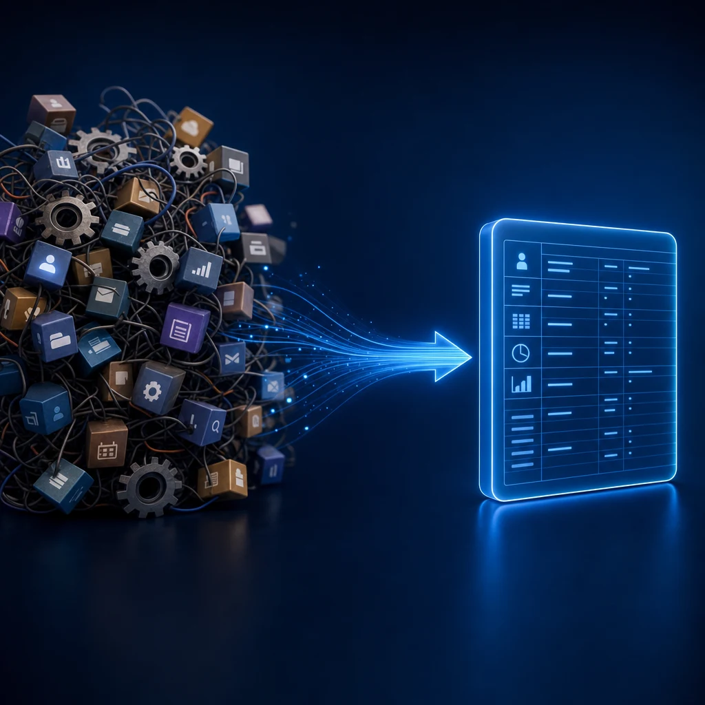Concept illustration: four disconnected tools feeding into a single unified structured-data layer