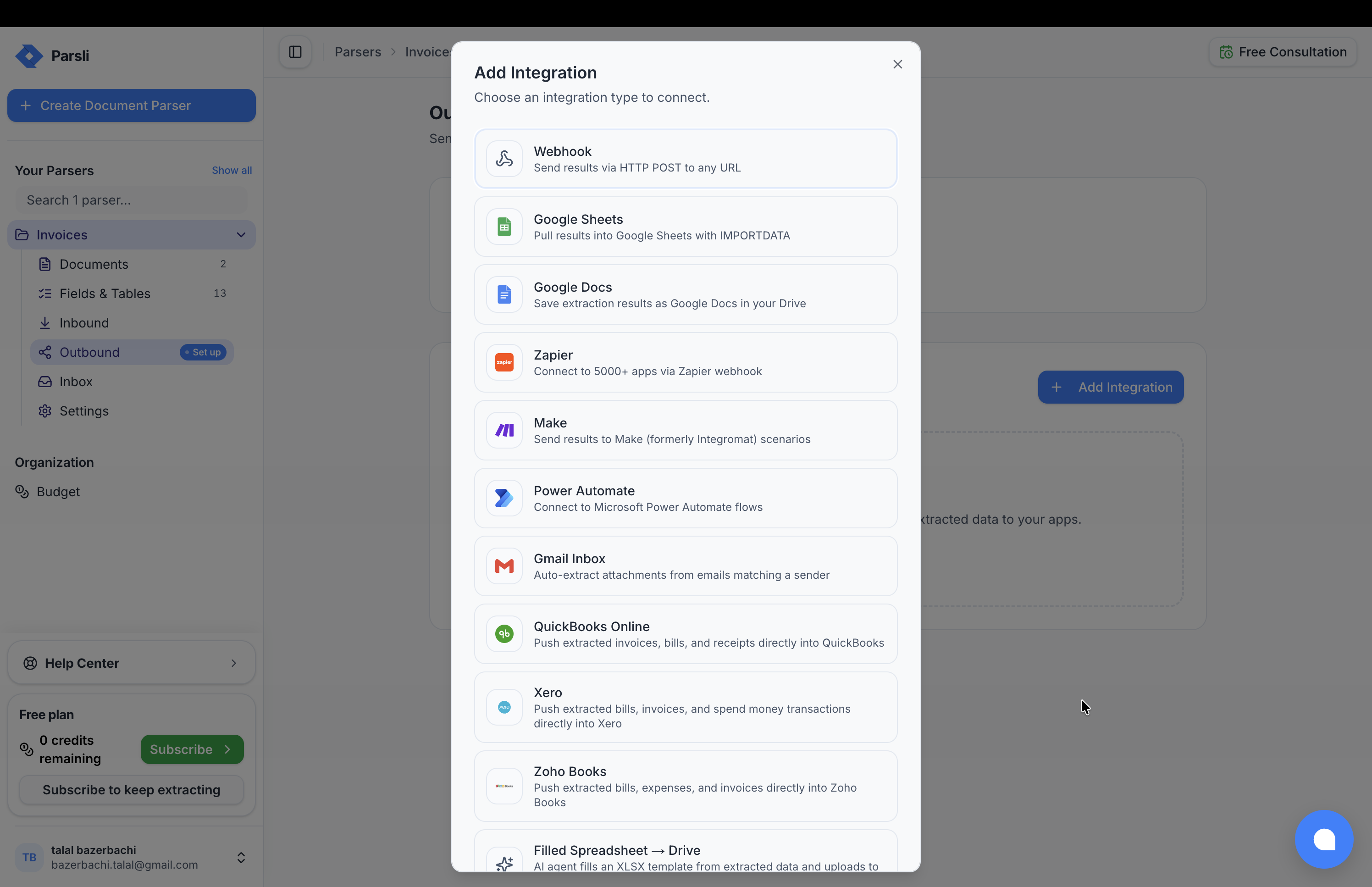 The Outbound page listing configured integrations with their status