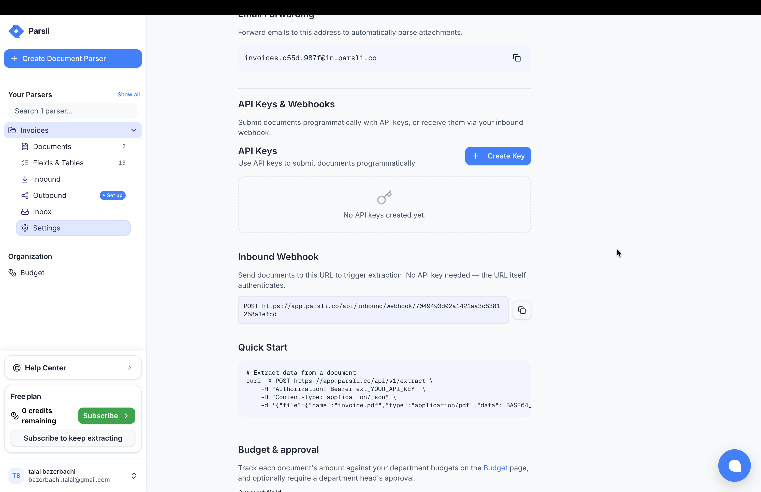 The API keys panel in parser Settings, with the create-key action and the one-time key reveal