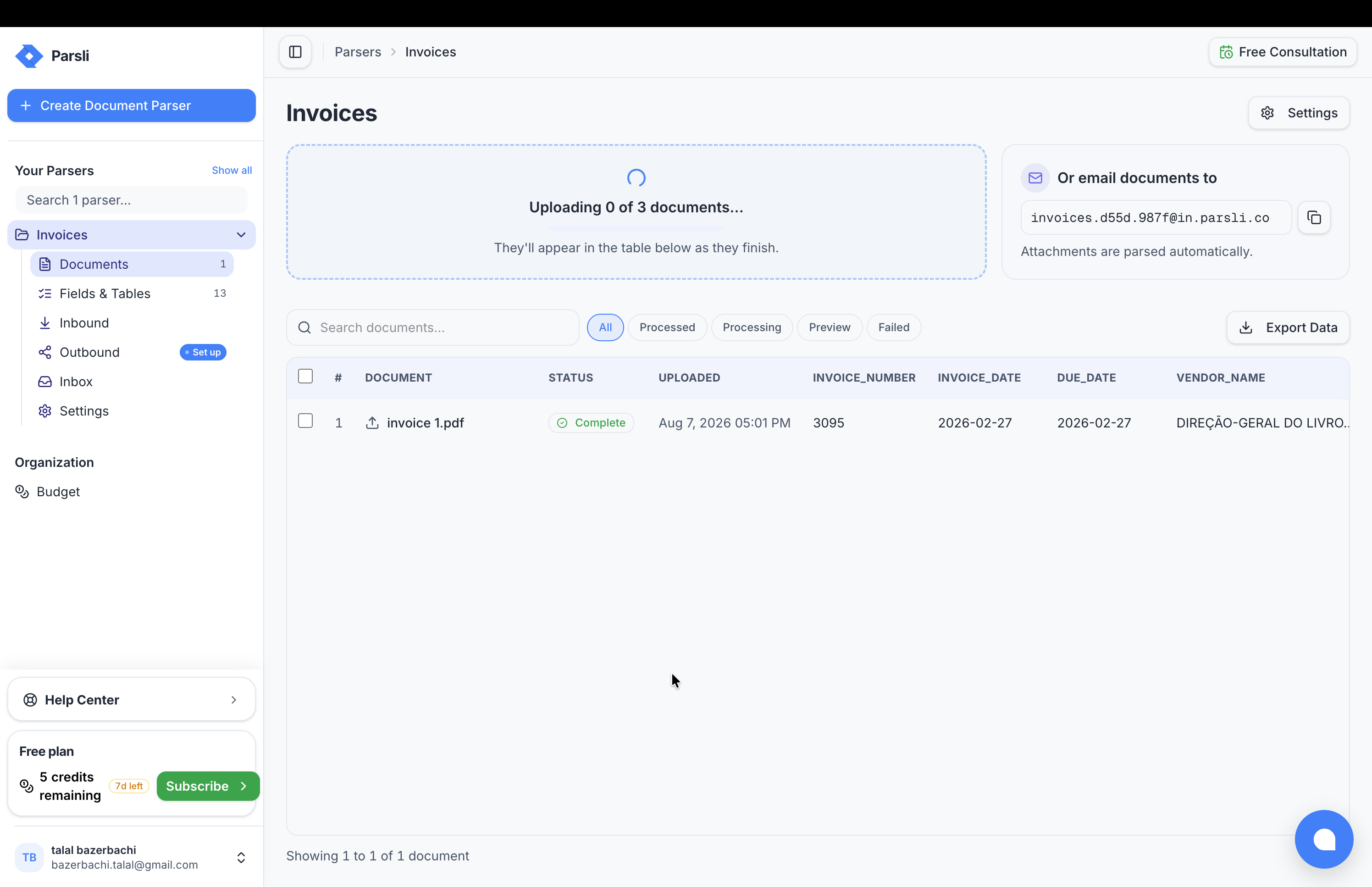 The Documents page with the drop area and a batch of files processing