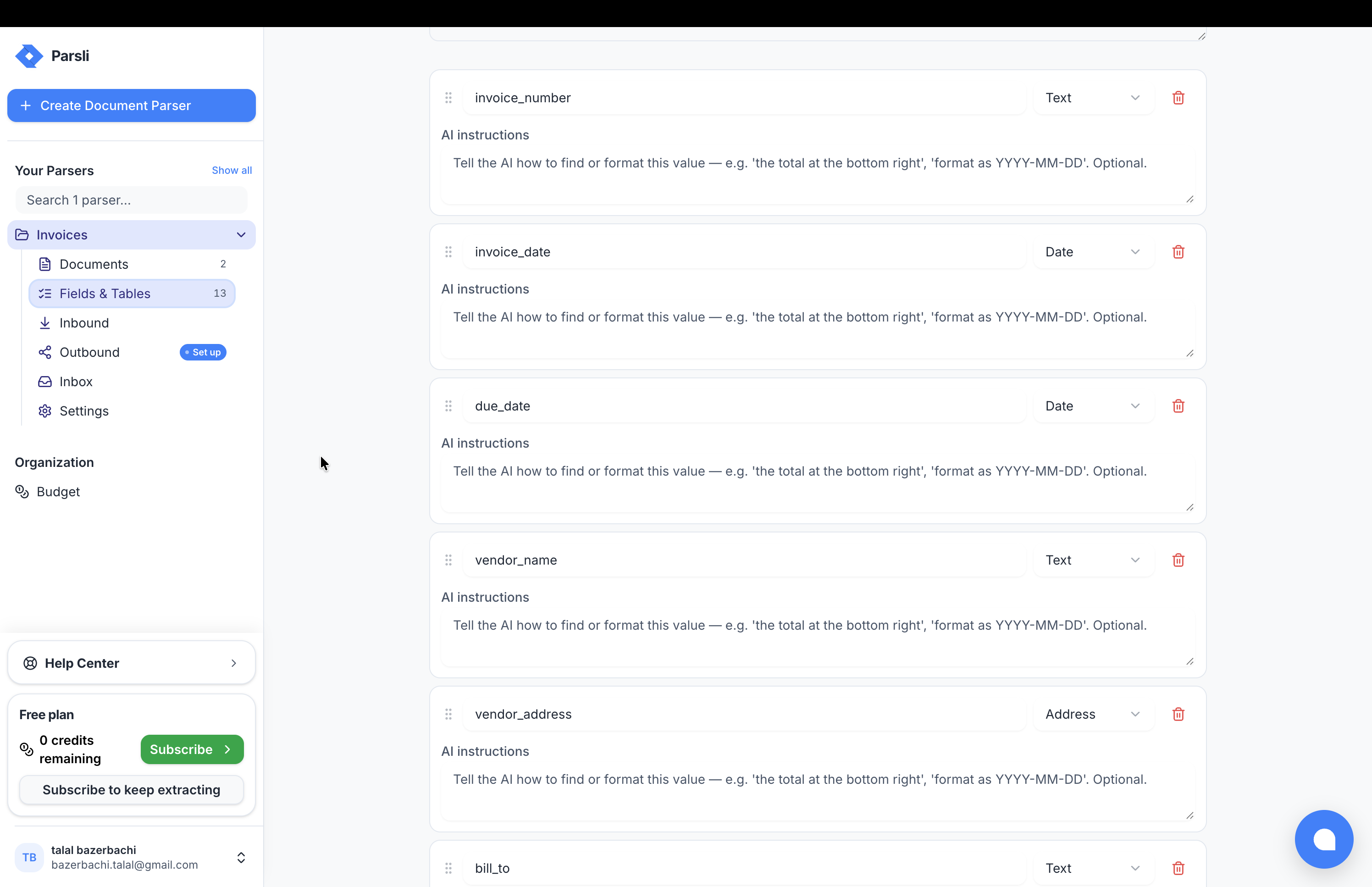 The Fields & Tables page showing a field list with types and a table field expanded