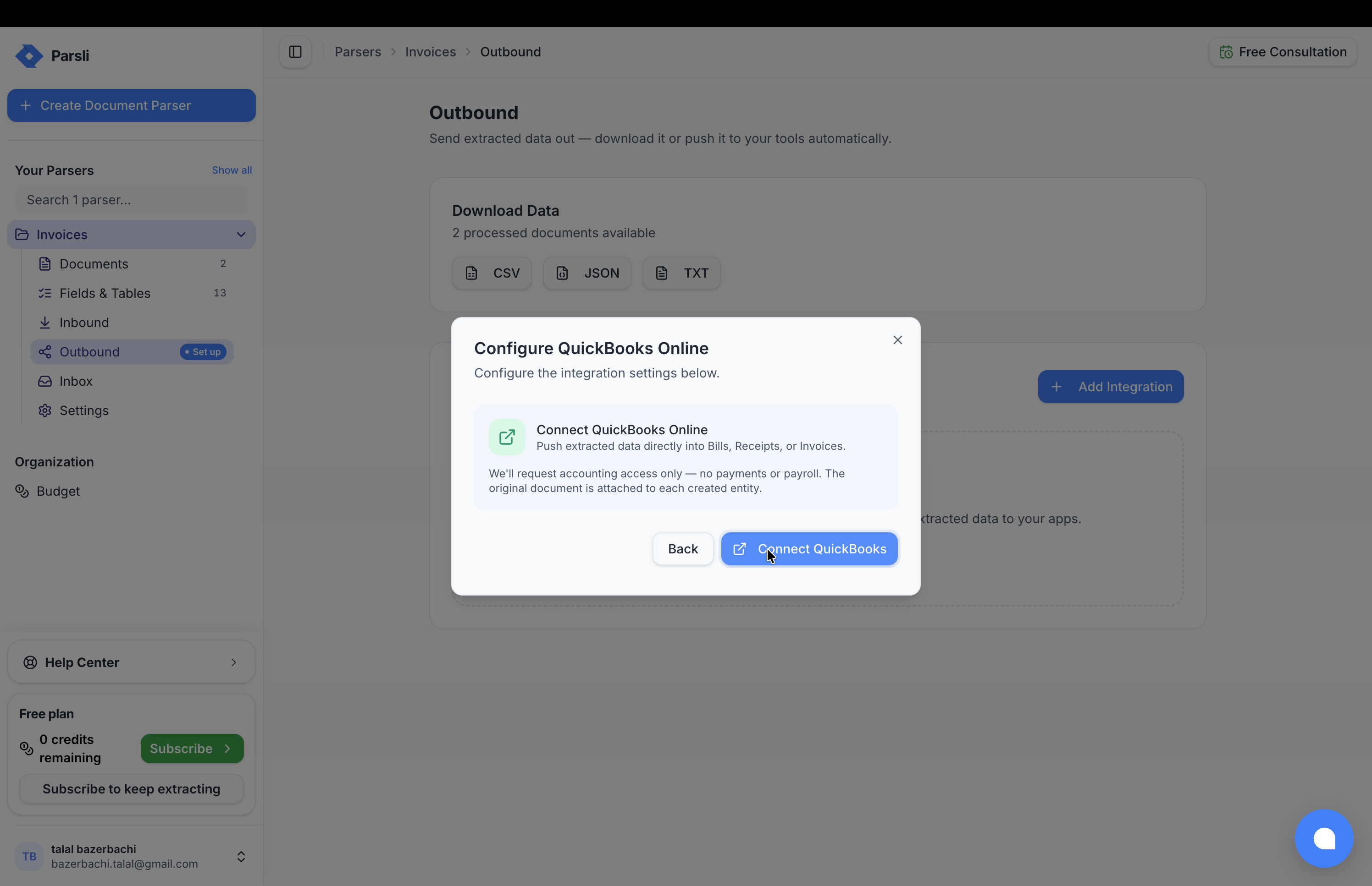 The accounting integration setup showing account and contact mapping